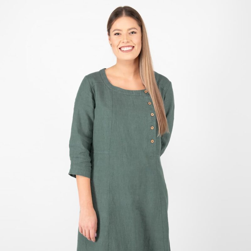 long green linen dress, with buttons on front