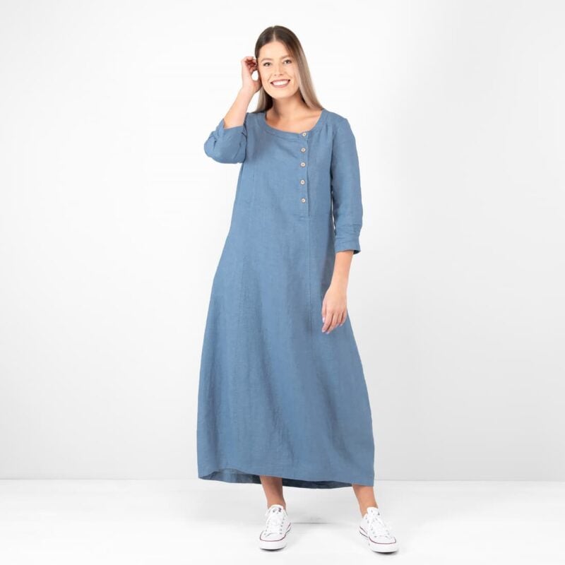 long jeans blue linen dress