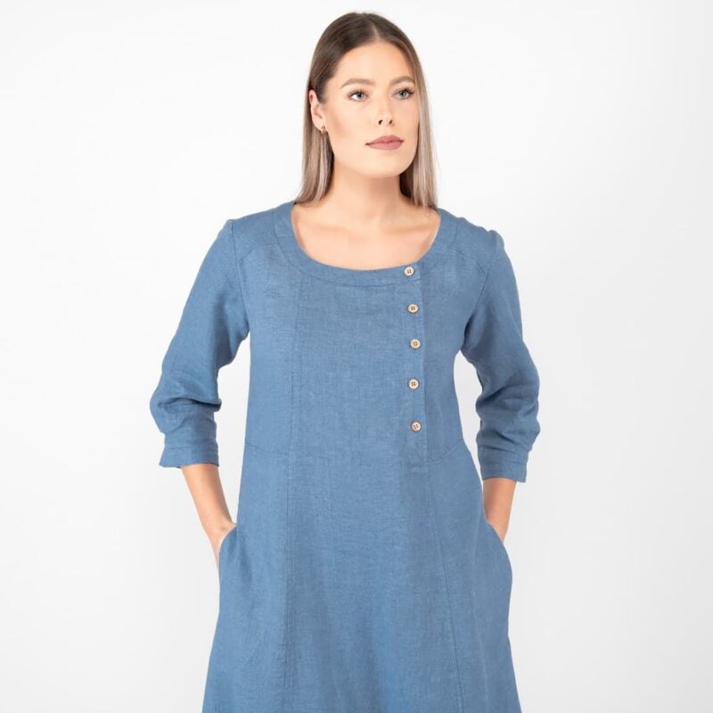 long jeans blue linen dress, round neck