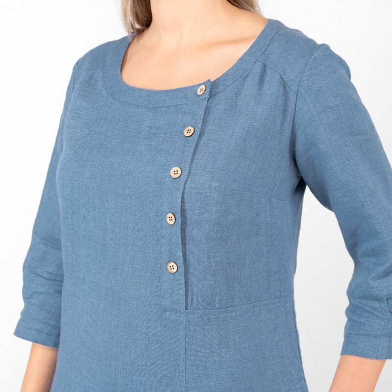 long jeans blue linen dress, with button closure