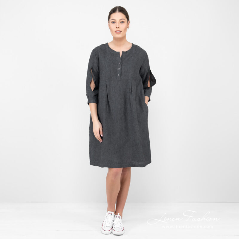 linen dark grey wide dress full view.