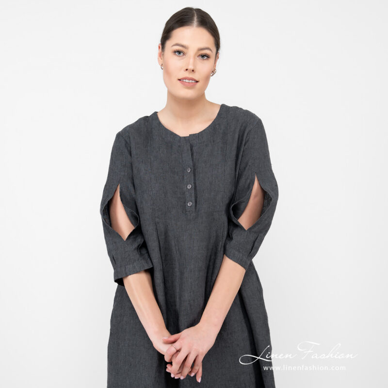 linen dark grey wide dress , washed.