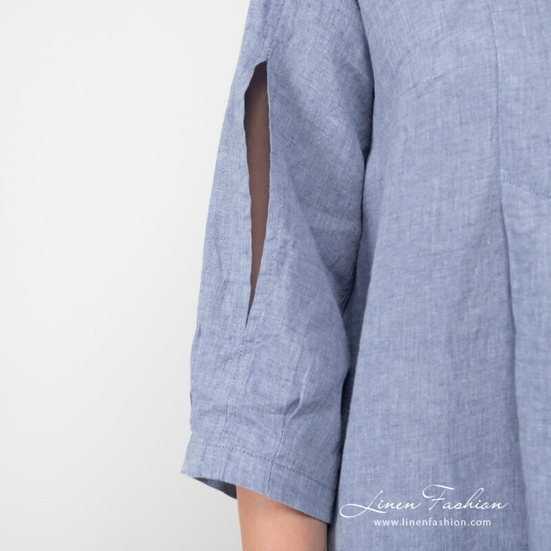 light blue linen dress with 3/4 sleeves.