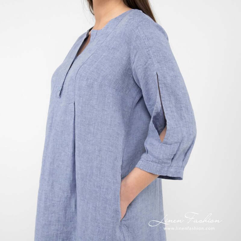 light blue linen dress view from side.