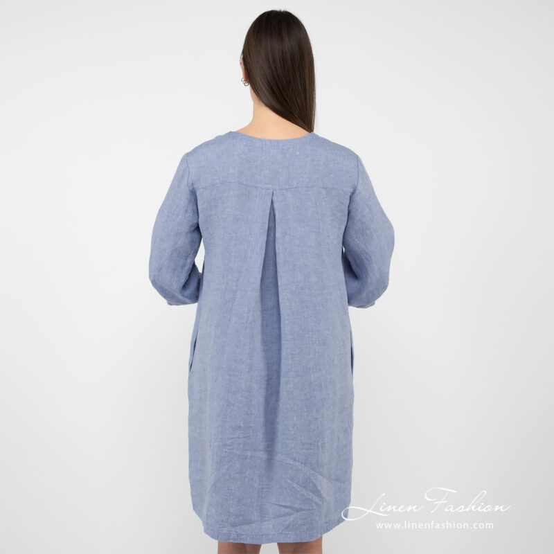 light blue linen dress from backside.
