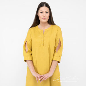 Linen mustard dress, widening silhuette.