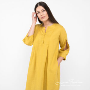 Linen mustard dress rounded neck with buttons.