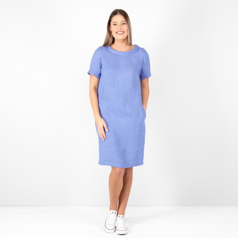 blue linen dress midi, washed