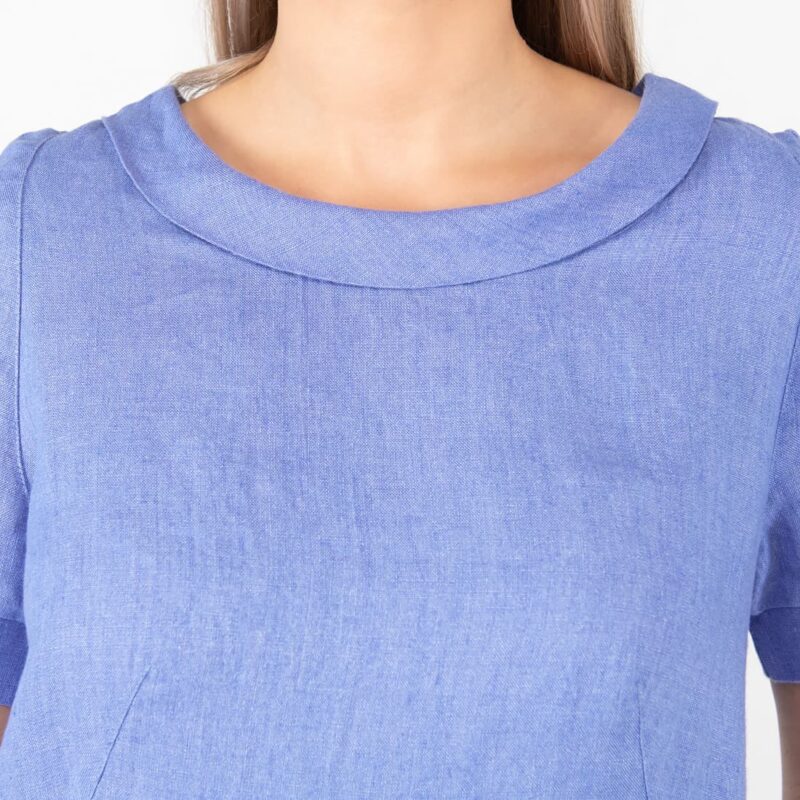 blue linen dress midi, round neck