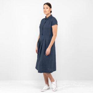 long linen dark blue dres from side.