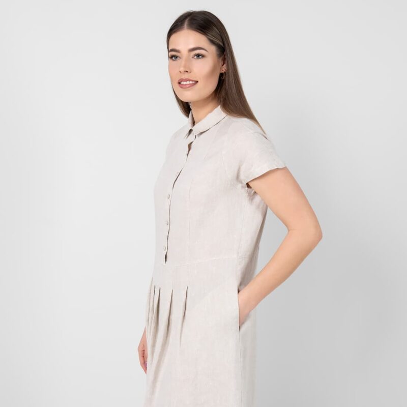 beige midi linen dress, short sleeves