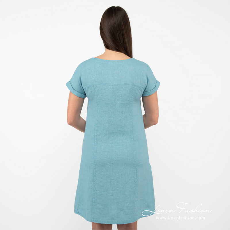 turquoise linen dress from backside.