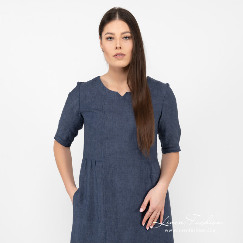 dark blue long linen dress with 3/4 sleeves.