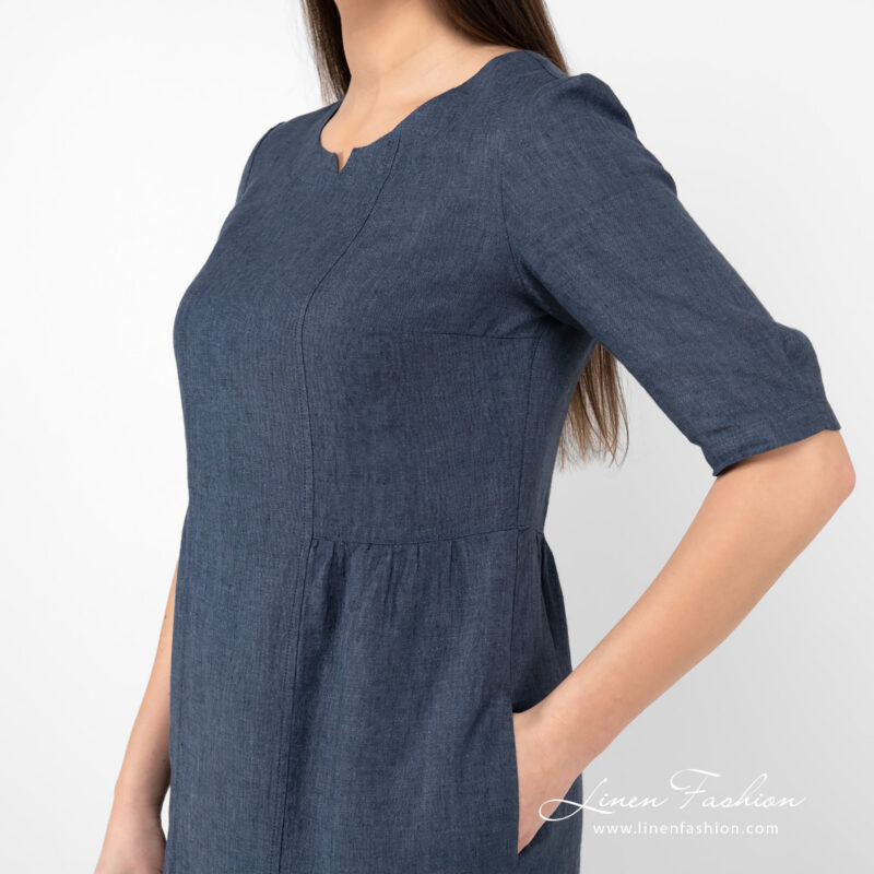 dark blue long linen dress with side pockets.