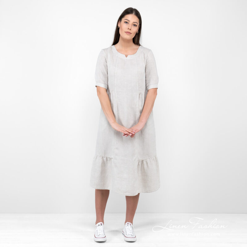 beige long linen dress.