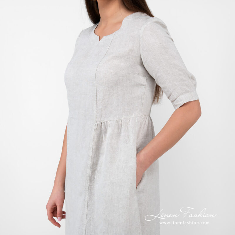 beige long linen dress with pockets.