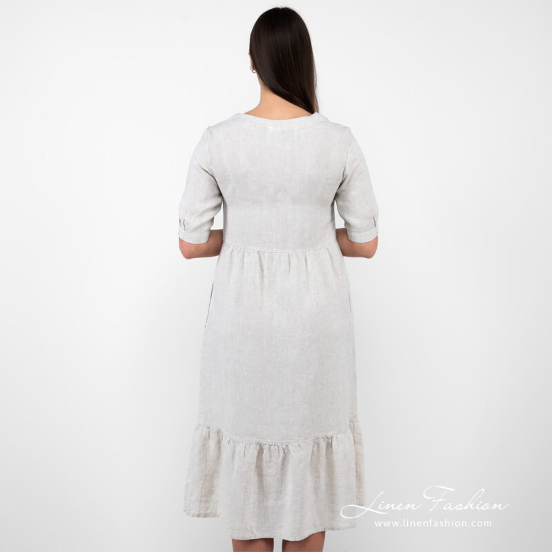 beige long linen dress from backside.