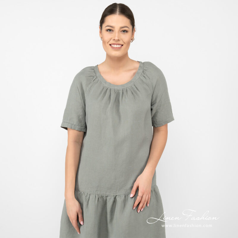 linen wide green dress with ruffles.
