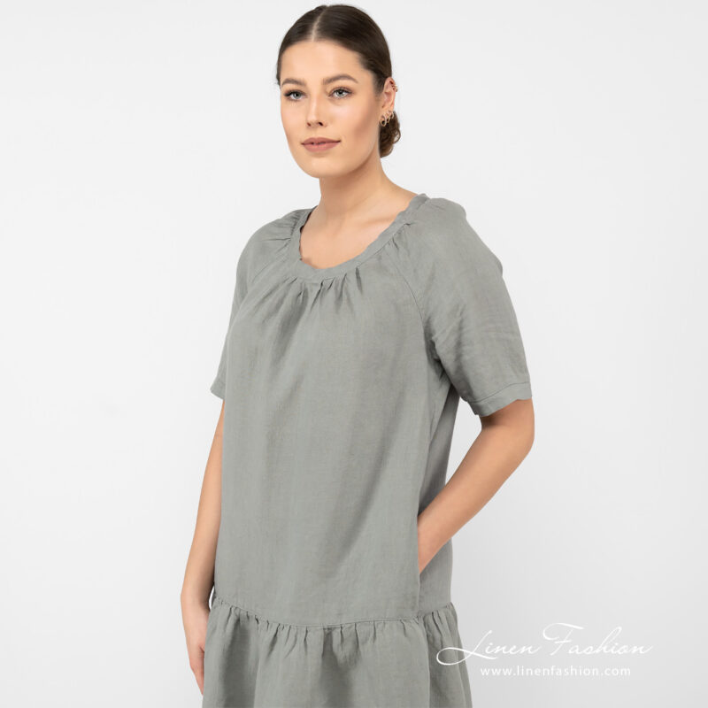 linen wide green dress with pockets.
