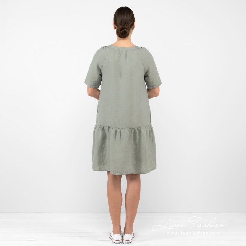 linen wide green dress from backside.