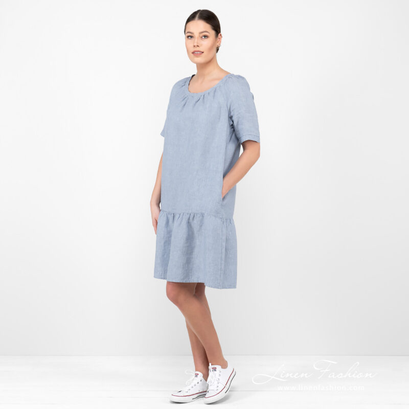 linen blue dress from side.