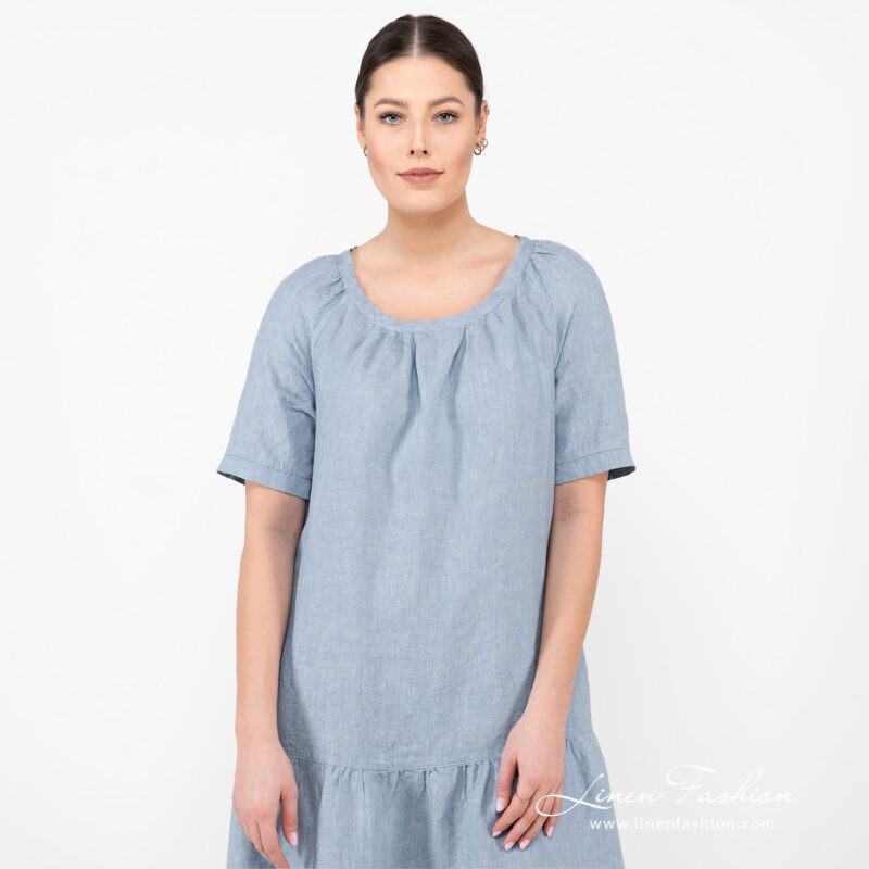 linen blue dress with ruffles.