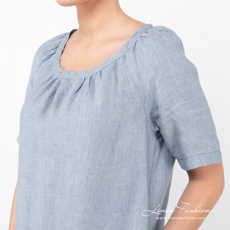linen blue dress with raglan sleeves.