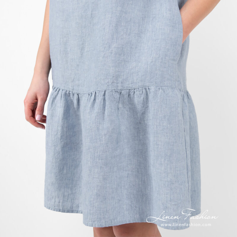 linen blue dress with pockets at sides.