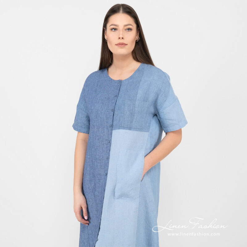 linen long blue shades dress, washed.