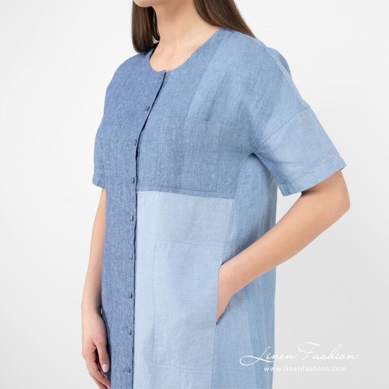 linen long blue shades dress, button closure.
