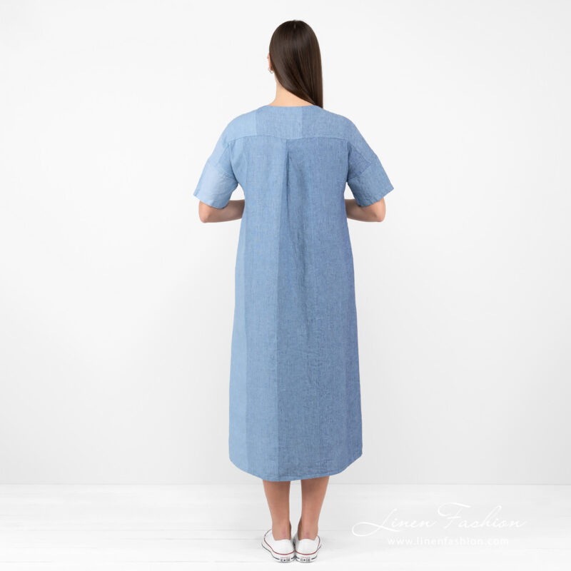 linen long blue shades dress from backside.