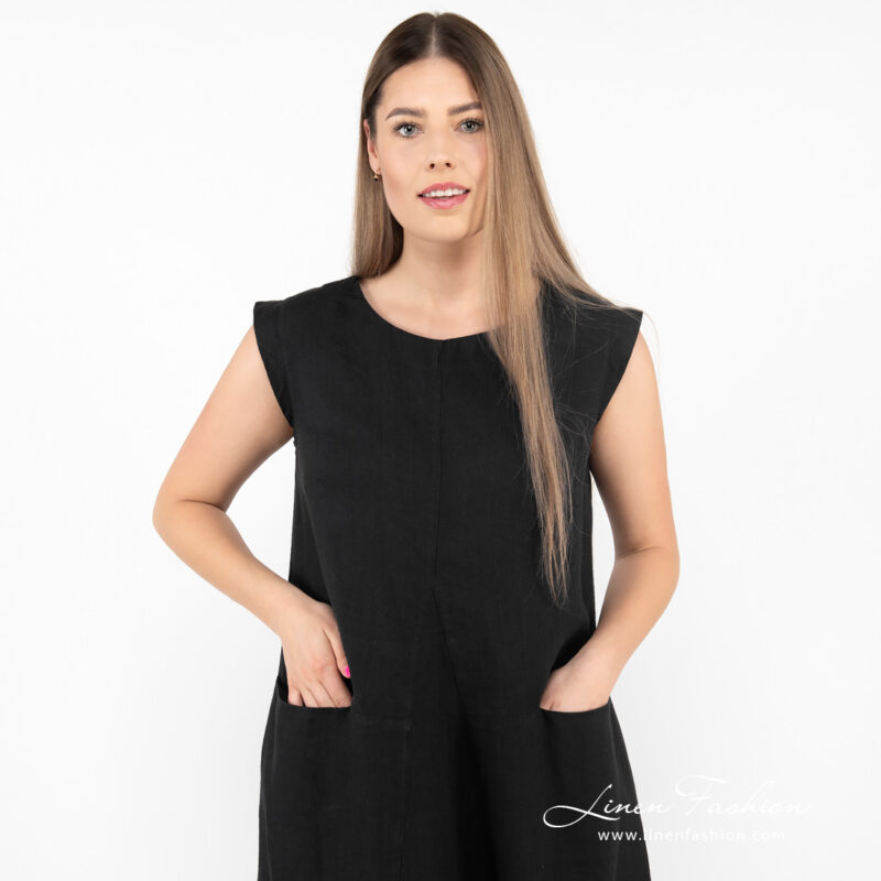 black long linen dress round neck.