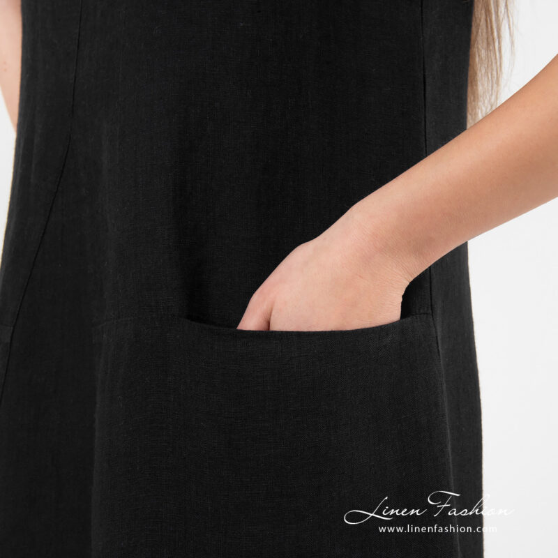 black long linen dress with pockets.