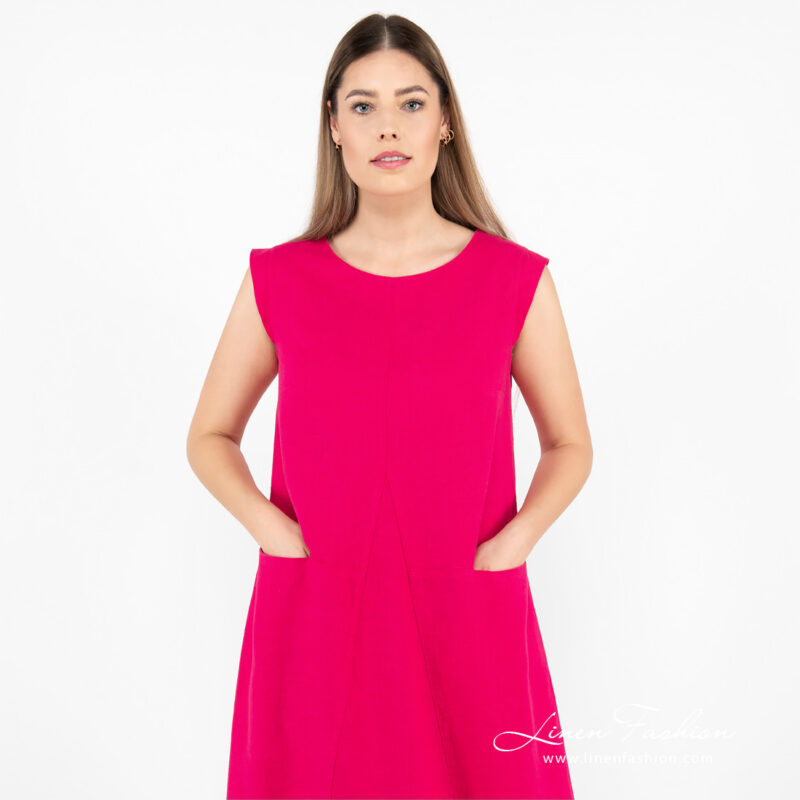 fuchsia linen dress, round neck.