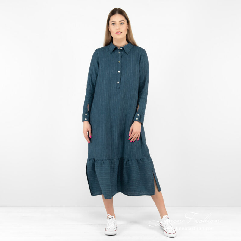 dark blue linen dress.