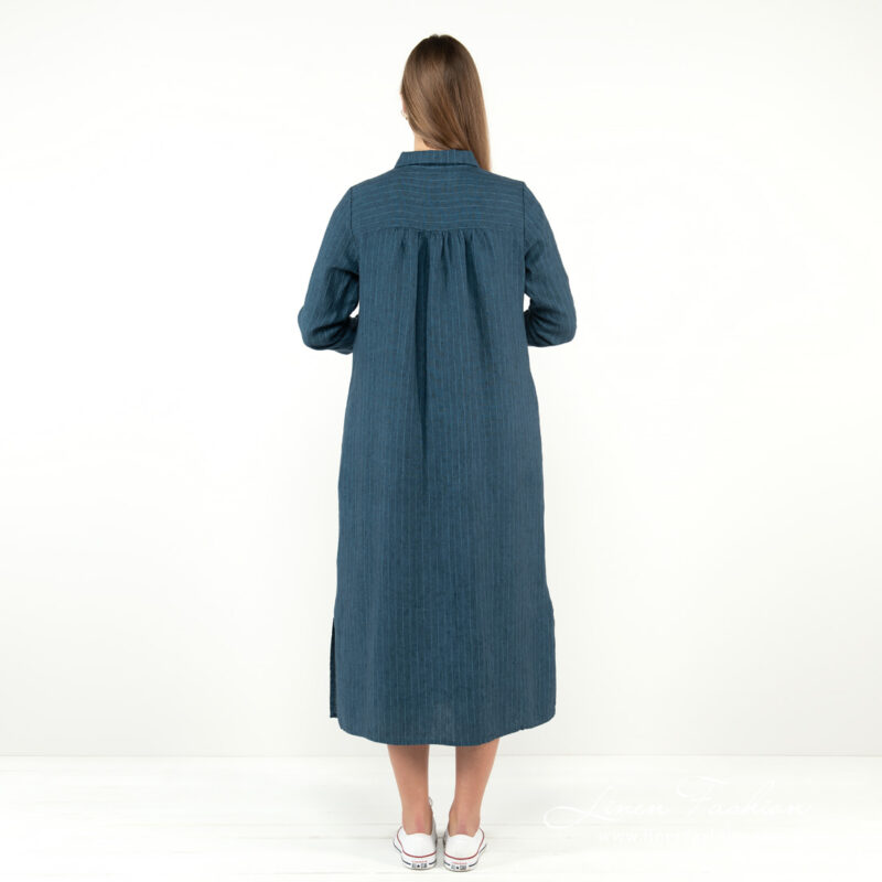 dark blue linen dress from backside.