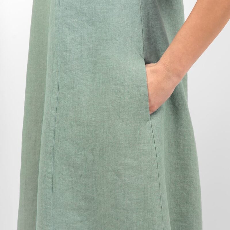 aqua linen dress sleevless, pockets on sides