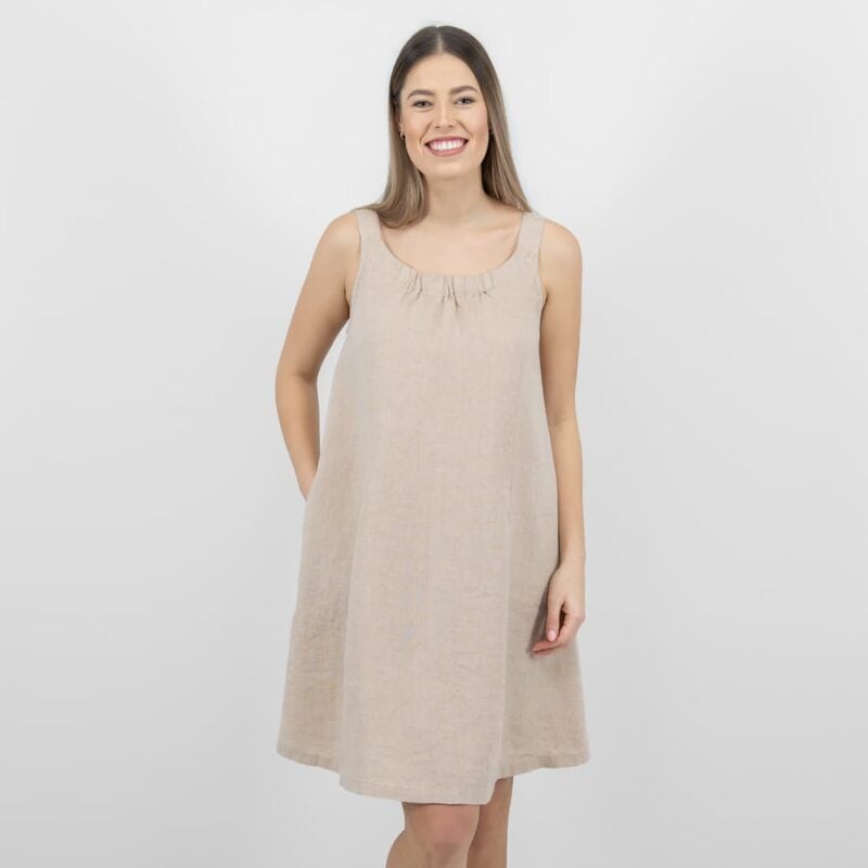 sand linen dress sleevless rounded neck