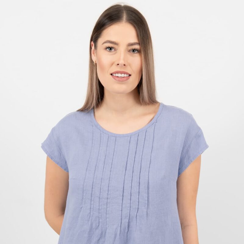 light blue linen dress pleats on front
