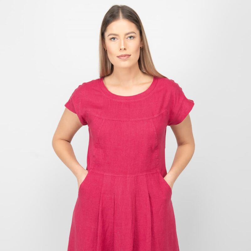 long red linen dress, short sleeves