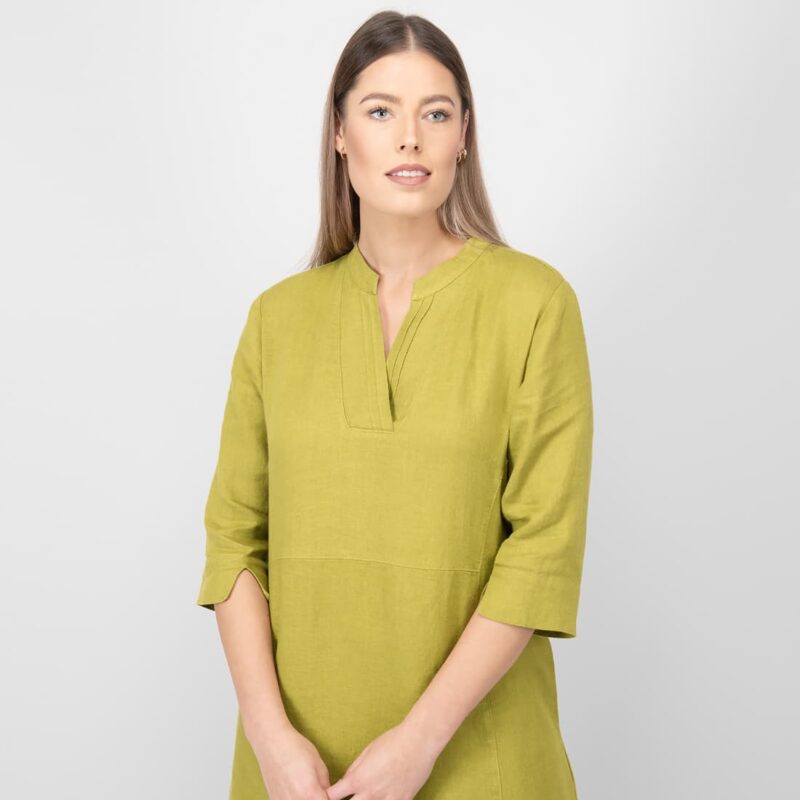 apple green linen dress V neck