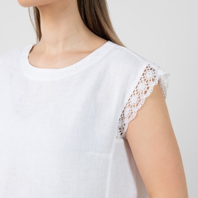 White knee length linen dress, short sleeves with lace