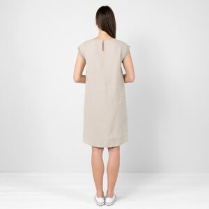 Natural linen knee length dress, button closure on back