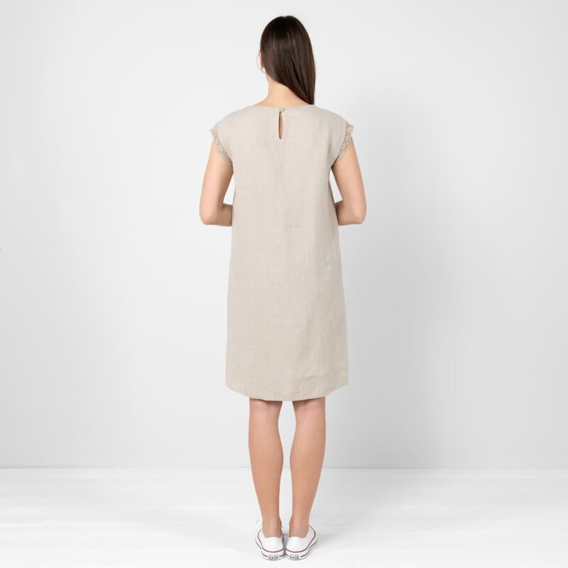Natural linen knee length dress, button closure on back