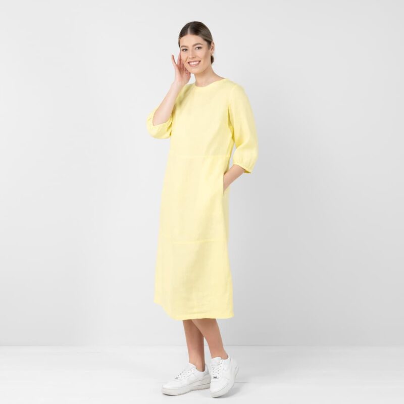 Pale yellow linen dress, midi length