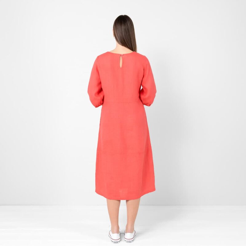 Red linen dress, button closure on back