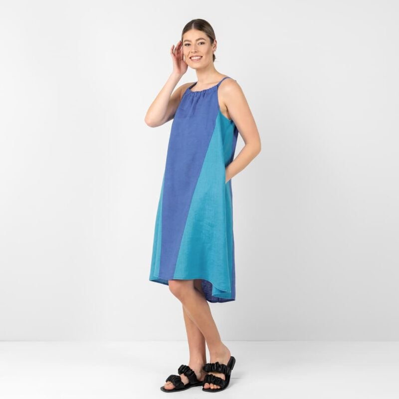 Blue linen dress, two tone design