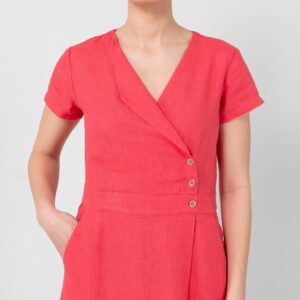 Red linen dress v neckline