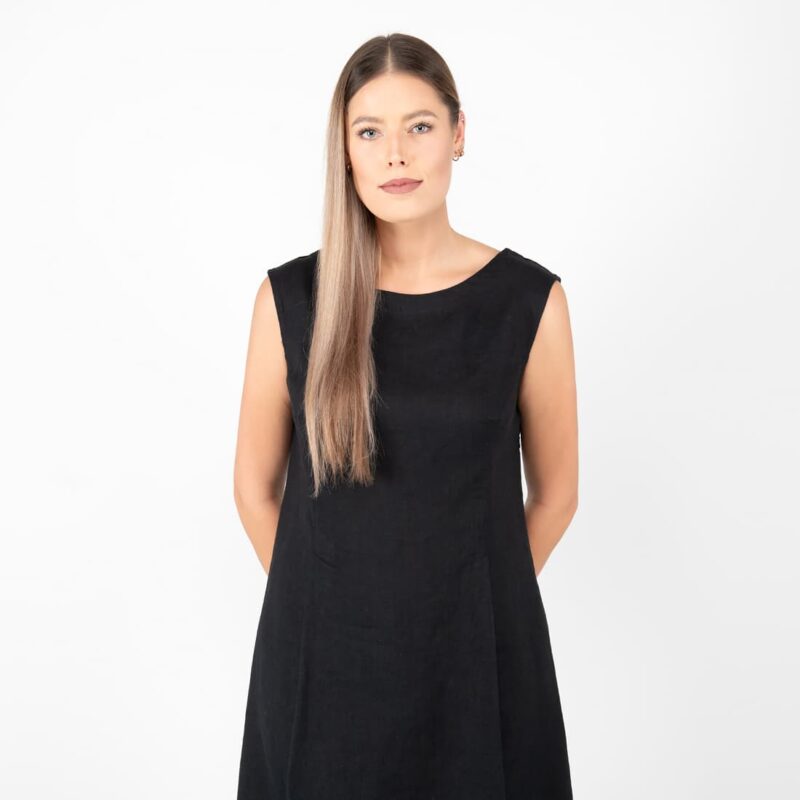linen black dress rounded neck
