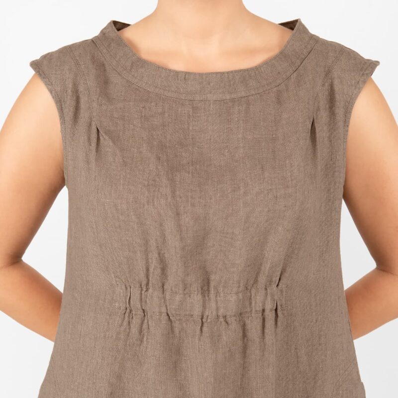 linen brown dress, elastic on front